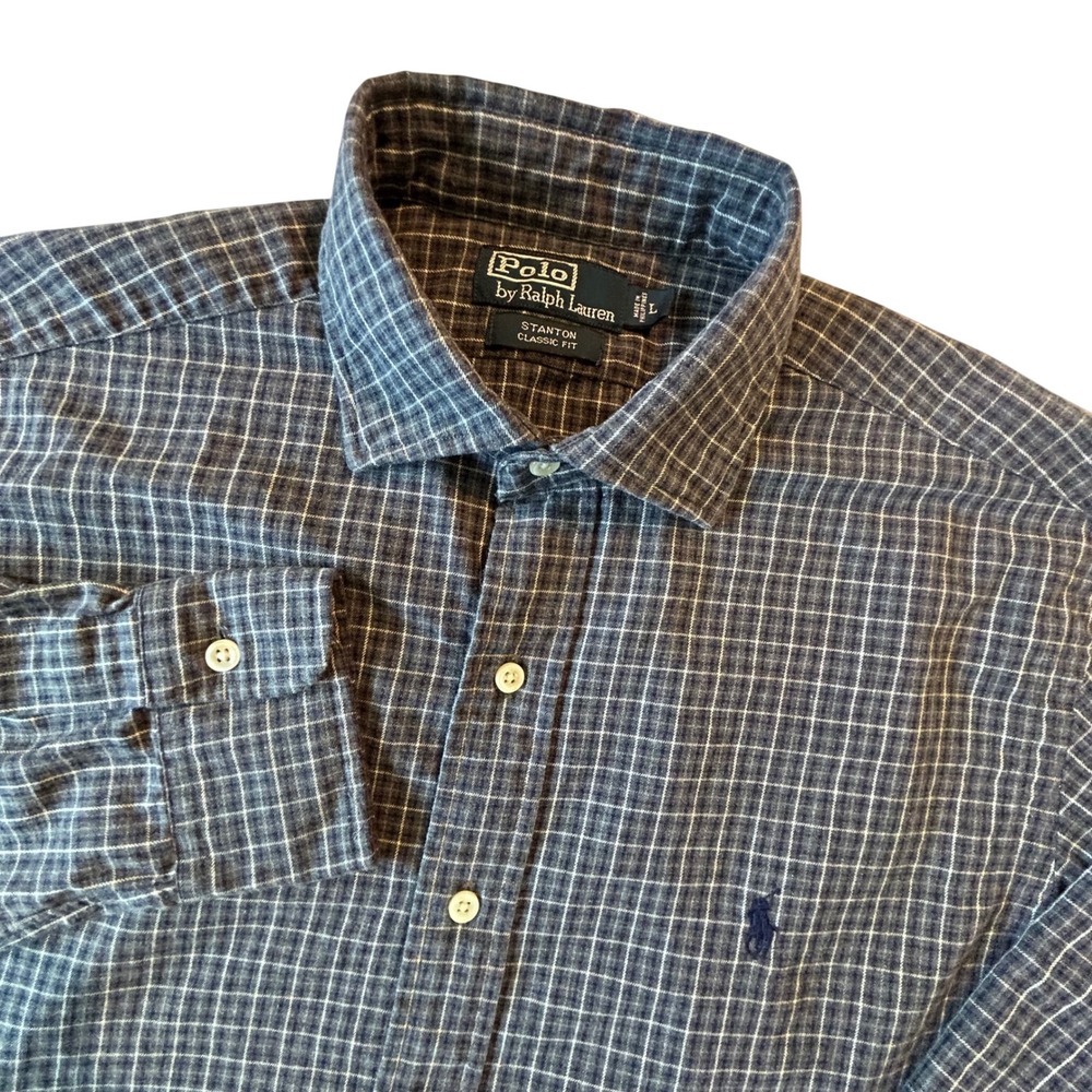 Polo Ralph Lauren Stanton Classic Fit Shirt Mens Large Navy Blue Grid Check L/S